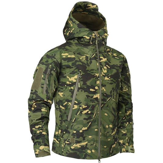 Men's green camo windbreaker jacket with hood and zip pockets, lightweight water-resistant fabric on Tampa Home & Garden Store