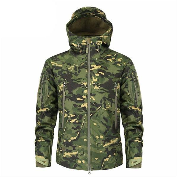 Stevvex men's green camouflage windbreaker jacket with hood, full front zipper on Tampa Home & Garden Store