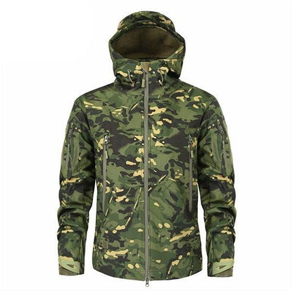 Stevvex men's green camouflage windbreaker jacket with hood, full front zipper on Tampa Home & Garden Store