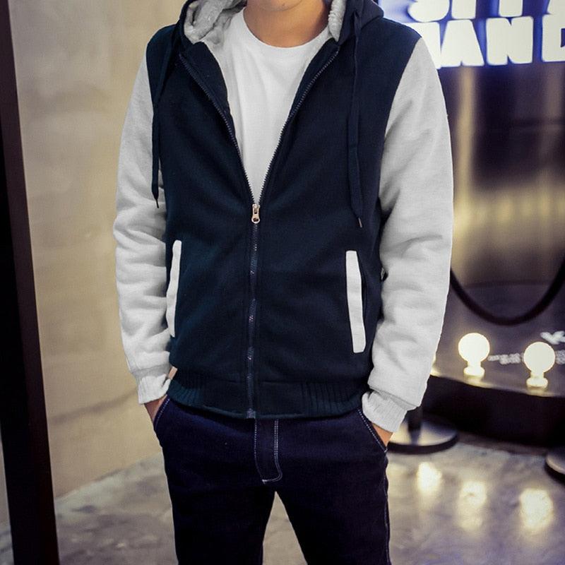 Men's Stevvex zip-up hoodie jacket, navy body with gray sleeves, front pockets windbreaker on Tampa Home & Garden Store
