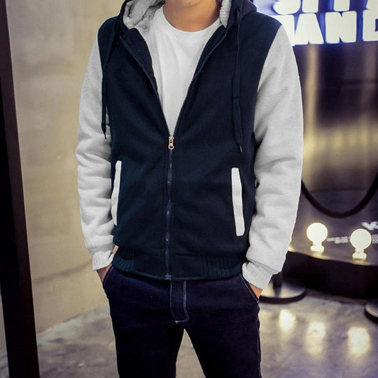 Men's Stevvex zip-up hoodie jacket, navy body with gray sleeves, front pockets windbreaker on Tampa Home & Garden Store