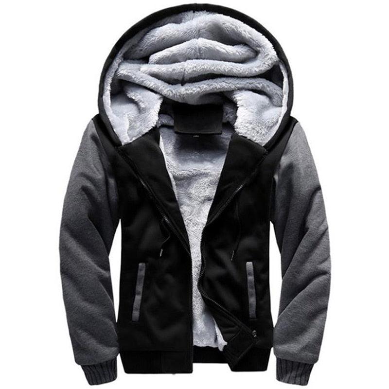 Stevvex men's hooded jacket black body gray sleeves plush fleece lining zip pockets on Tampa Home & Garden Store