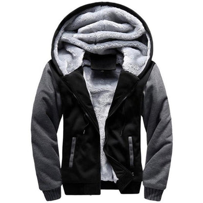 Stevvex men's hooded jacket black body gray sleeves plush fleece lining zip pockets on Tampa Home & Garden Store