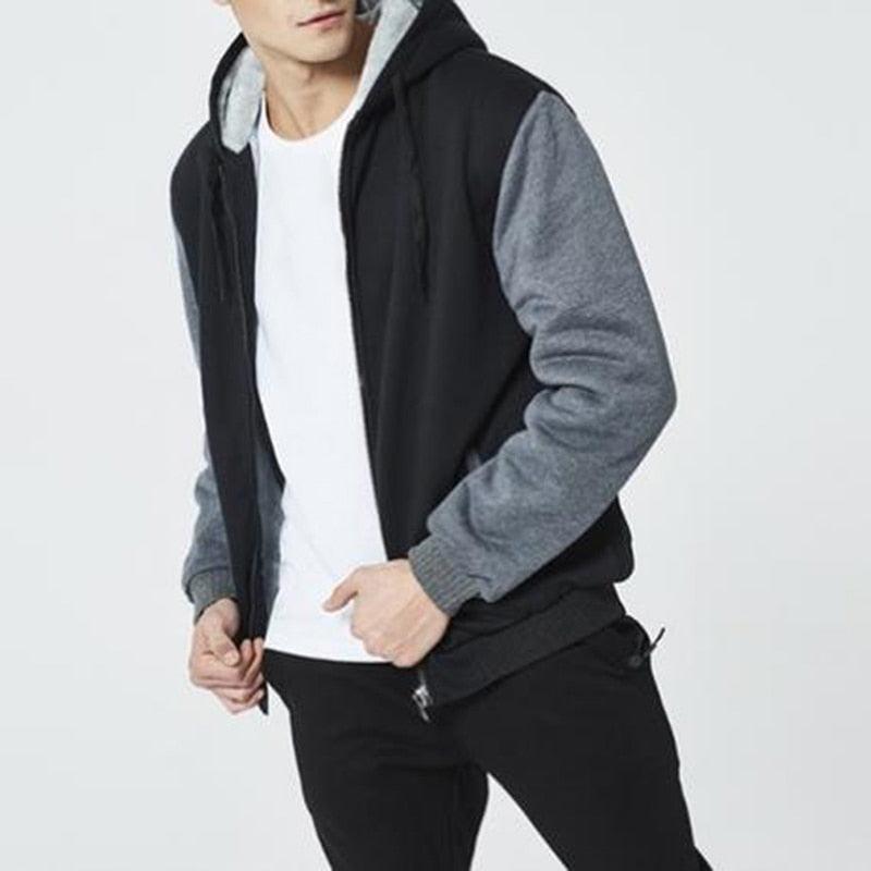 Men's two-tone hooded jacket with black body gray sleeves, zip front casual windbreaker style on Tampa Home & Garden Store