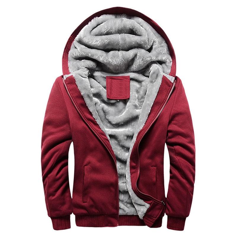 Mens maroon hooded jacket with grey sherpa lining, zip front, heavyweight windbreaker on Tampa Home & Garden Store