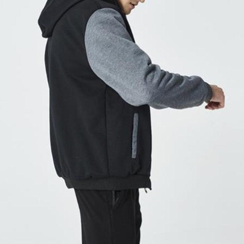Stevvex men's hooded windbreaker jacket black body sleeves side pocket gray trim elastic hem on Tampa Home & Garden Store