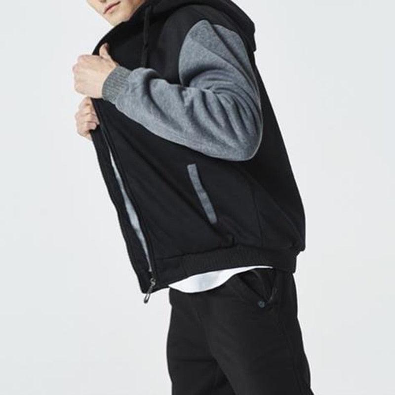 Stevvex men's black hooded windbreaker jacket with gray sleeves zip front on Tampa Home & Garden Store