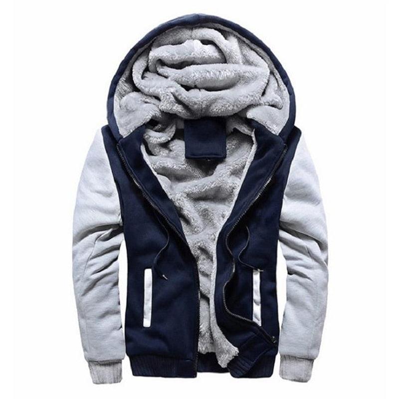 Mens navy Stevvex hoodie jacket with grey sleeves, plush sherpa lining and zip pockets on Tampa Home & Garden Store