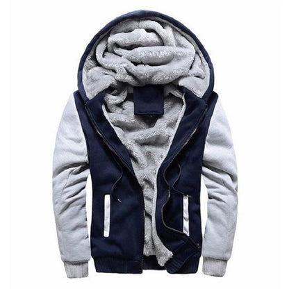 Mens navy Stevvex hoodie jacket with grey sleeves, plush sherpa lining and zip pockets on Tampa Home & Garden Store
