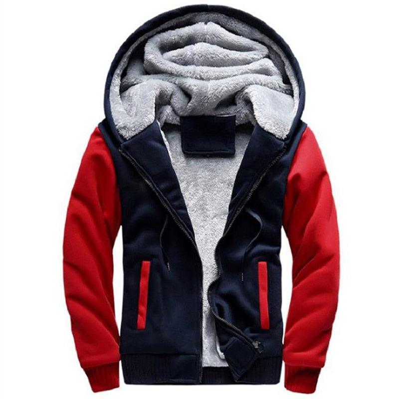 Stevvex men's hooded windbreaker navy jacket red sleeves fleece-lined interior zip pockets on Tampa Home & Garden Store