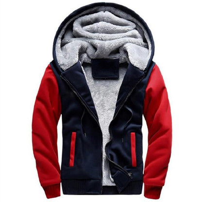 Stevvex men's hooded windbreaker navy jacket red sleeves fleece-lined interior zip pockets on Tampa Home & Garden Store
