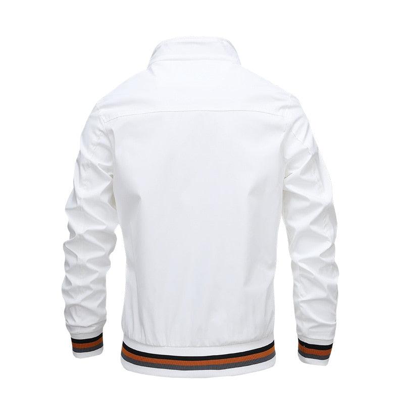 Men's white windbreaker jacket by Stevvex, orange-black cuff/hem trim, back view on Tampa Home & Garden Store