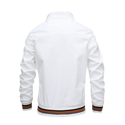 Men's white windbreaker jacket by Stevvex, orange-black cuff/hem trim, back view on Tampa Home & Garden Store