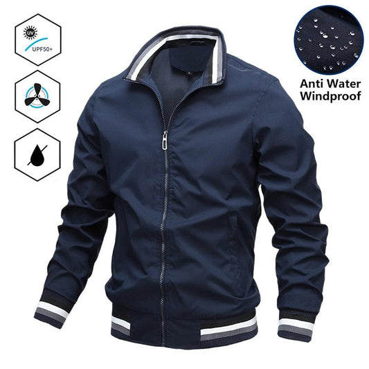 Men's navy blue Stevvex windbreaker jacket with zip front and striped cuffs on Tampa Home & Garden Store