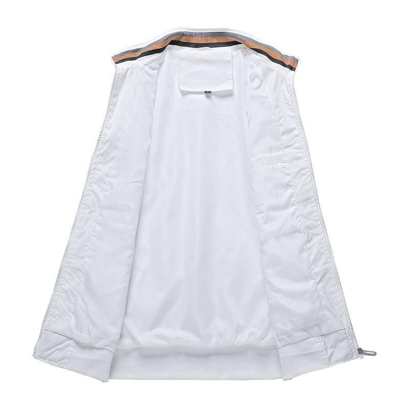 Stevvex men's lightweight windbreaker jacket with white lining and striped orange-black collar open front view on Tampa Home & Garden Store