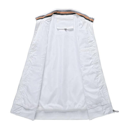 Stevvex men's lightweight windbreaker jacket with white lining and striped orange-black collar open front view on Tampa Home & Garden Store