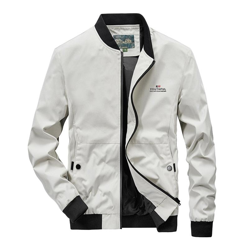 Men's lightweight windbreaker jacket in light gray with black cuffs, waterproof rain coat on Tampa Home & Garden Store