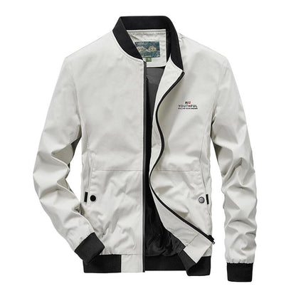 Men's lightweight windbreaker jacket in light gray with black cuffs, waterproof rain coat on Tampa Home & Garden Store