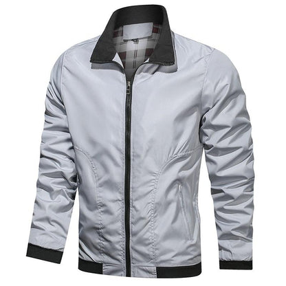 Stevvex men's lightweight windbreaker jacket in silver gray with black collar, zip front on Tampa Home & Garden Store