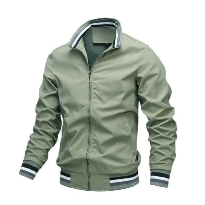 Stevvex men's olive lightweight windbreaker jacket with striped collar and cuffs on Tampa Home & Garden Store