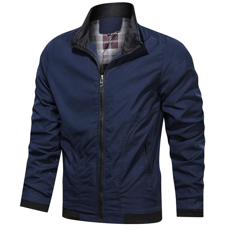Men's lightweight windbreaker jacket navy blue Stevvex with zip front and plaid lining on Tampa Home & Garden Store