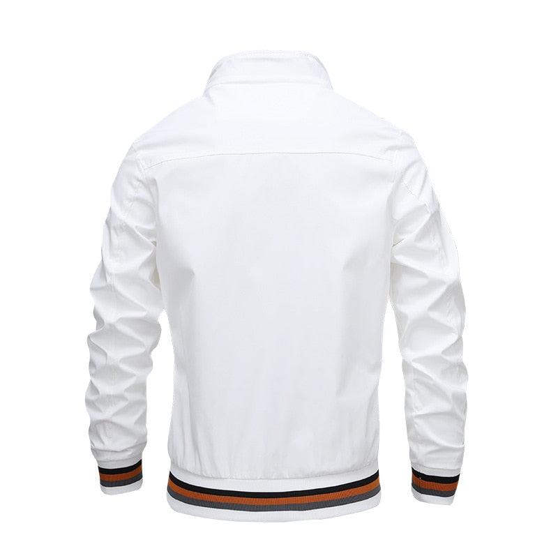 Men's white lightweight windbreaker jacket with orange-black striped cuffs and hem on Tampa Home & Garden Store