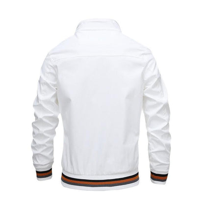 Men's white lightweight windbreaker jacket with orange-black striped cuffs and hem on Tampa Home & Garden Store