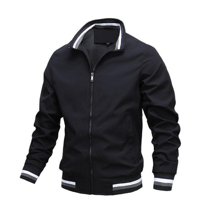 Men's lightweight windbreaker jacket black with white striped collar and cuffs, zip front on Tampa Home & Garden Store