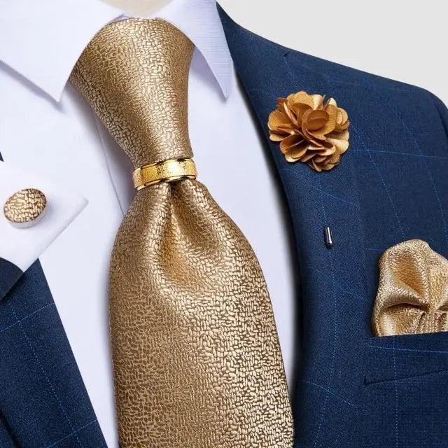 Gold textured silk necktie for men with white shirt and navy suit accents on Tampa Home & Garden Store