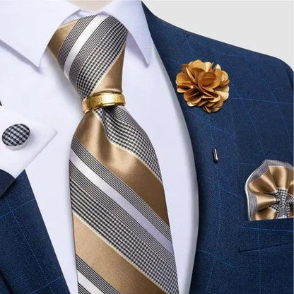 Stevvex men's luxury striped gold silk necktie with boutonniere on blue suit on Tampa Home & Garden Store