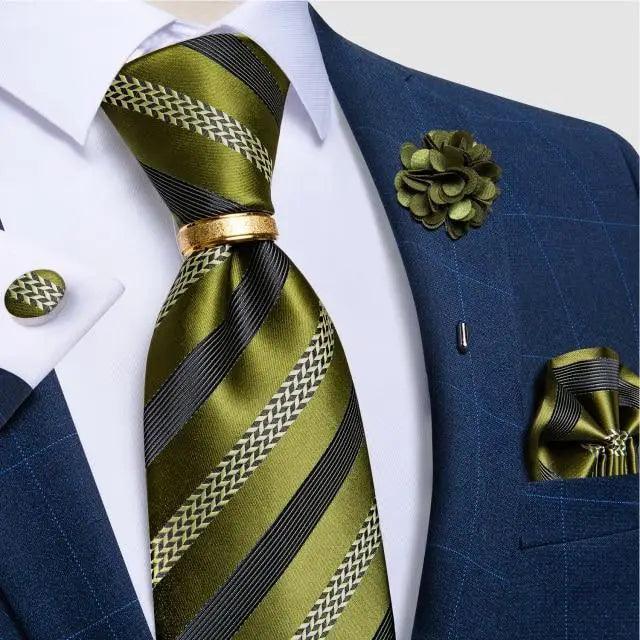 Necktie set Stevvex olive green striped silk with cufflinks, shown with navy suit on Tampa Home & Garden Store