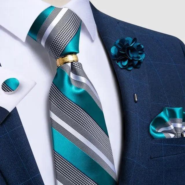 Stevvex men's luxury silk necktie with teal silver stripes and matching cufflinks set on Tampa Home & Garden Store
