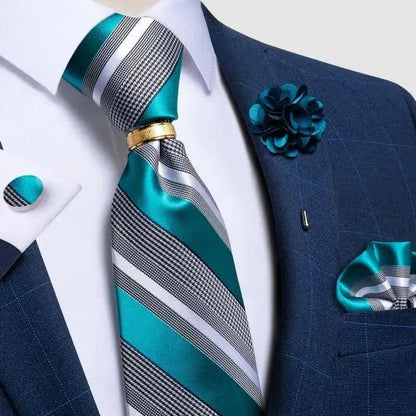 Stevvex men's luxury silk necktie with teal silver stripes and matching cufflinks set on Tampa Home & Garden Store