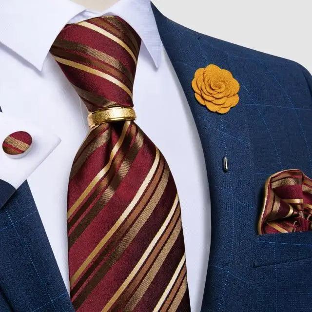Red silk striped necktie with a gold clip on white shirt, blue suit, burgundy pocket square on Tampa Home & Garden Store