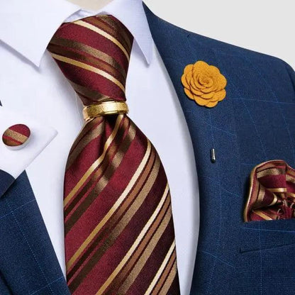 Red silk striped necktie with a gold clip on white shirt, blue suit, burgundy pocket square on Tampa Home & Garden Store