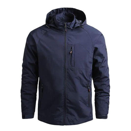 Stevvex men's navy windbreaker jacket with hood waterproof shell front zip and chest/side pockets on Tampa Home & Garden Store