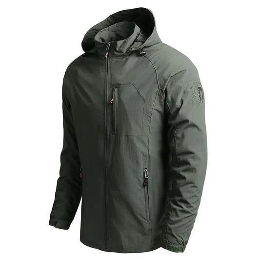 Waterproof hooded windbreaker jacket Stevvex in olive with zip chest pocket and zip pockets on Tampa Home & Garden Store
