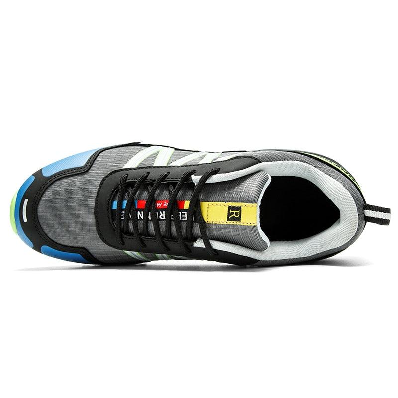 Stevvex men's running sneakers gray mesh upper black laces blue outsole yellow tab breathable on Tampa Home & Garden Store