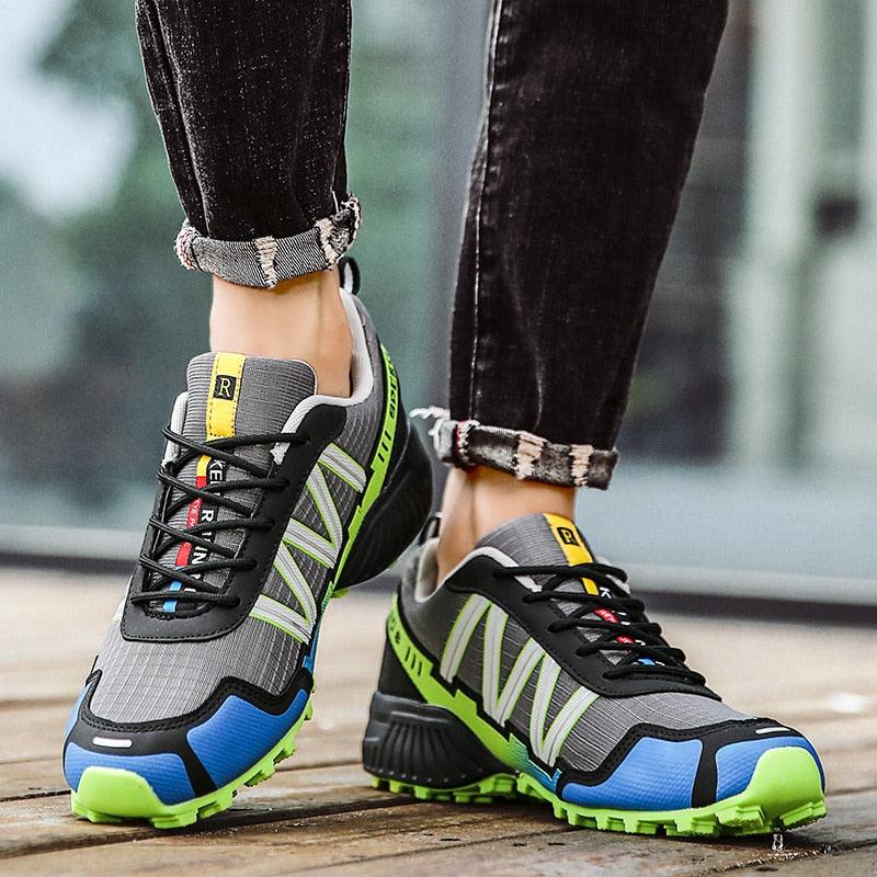Stevvex athletic sneakers grey mesh upper with neon green accents and blue toe cap on Tampa Home & Garden Store