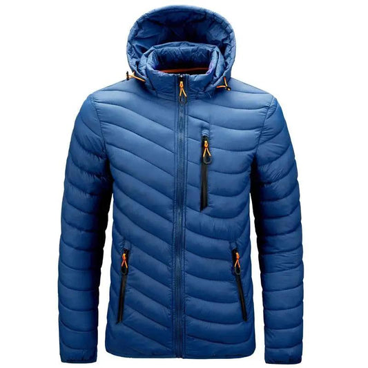 Stevvex men's blue puffer hooded jacket with orange zipper pulls and multiple zip pockets on Tampa Home & Garden Store