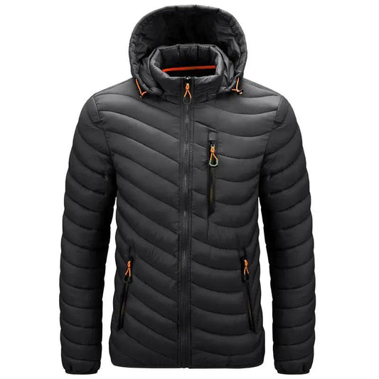 Stevvex men's black puffer hooded jacket with orange zipper pulls and chest/side zip pockets on Tampa Home & Garden Store