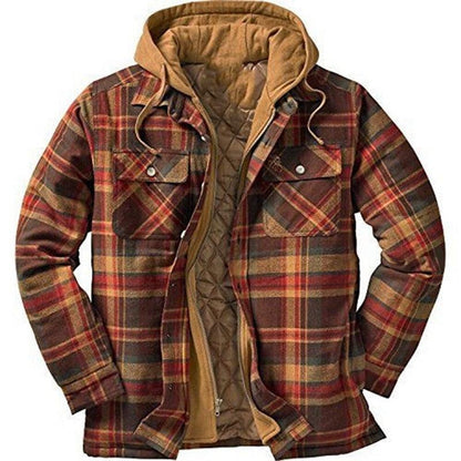 Men's plaid hooded jacket with quilted inner lining, brown-red tones, Stevvex puffer jacket on Tampa Home & Garden Store