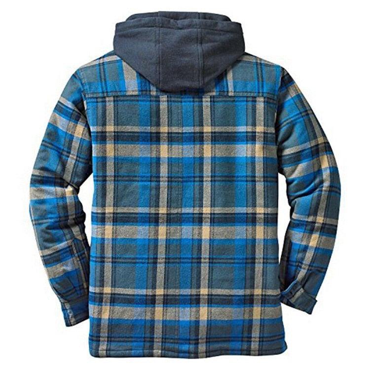 Men's plaid hooded jacket in blue plaid, long sleeves, Stevvex warm casual outerwear on Tampa Home & Garden Store