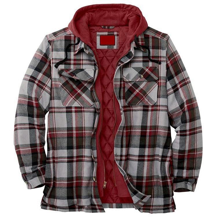 Men's plaid hooded jacket with red quilted lining, zip front, two chest pockets on Tampa Home & Garden Store