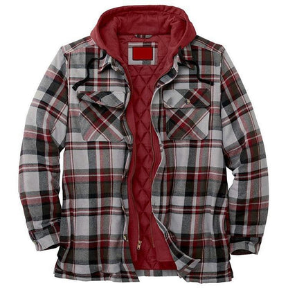 Men's plaid hooded jacket with red quilted lining, zip front, two chest pockets on Tampa Home & Garden Store
