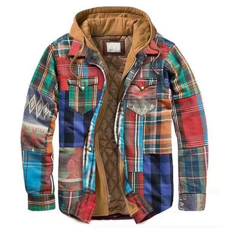 Stevvex men's multicolor patchwork plaid hooded puffer jacket with quilted lining and front pockets on Tampa Home & Garden Store