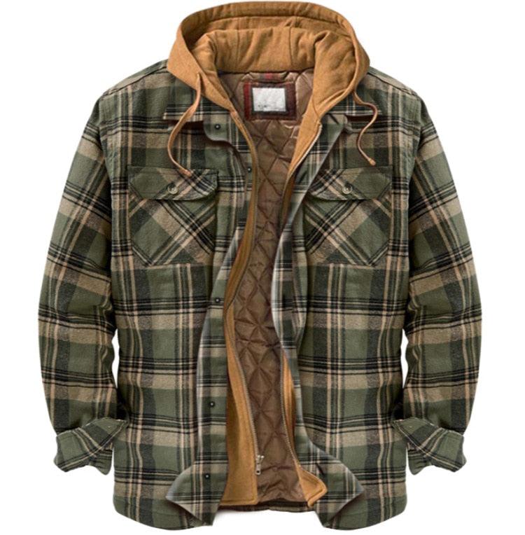 Men's plaid hooded shirt jacket, olive green/brown check with quilted lining, long sleeves on Tampa Home & Garden Store