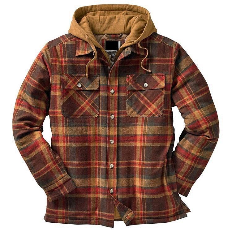 Men's plaid hooded shirt jacket by Stevvex with brown hood and two chest flap pockets on Tampa Home & Garden Store