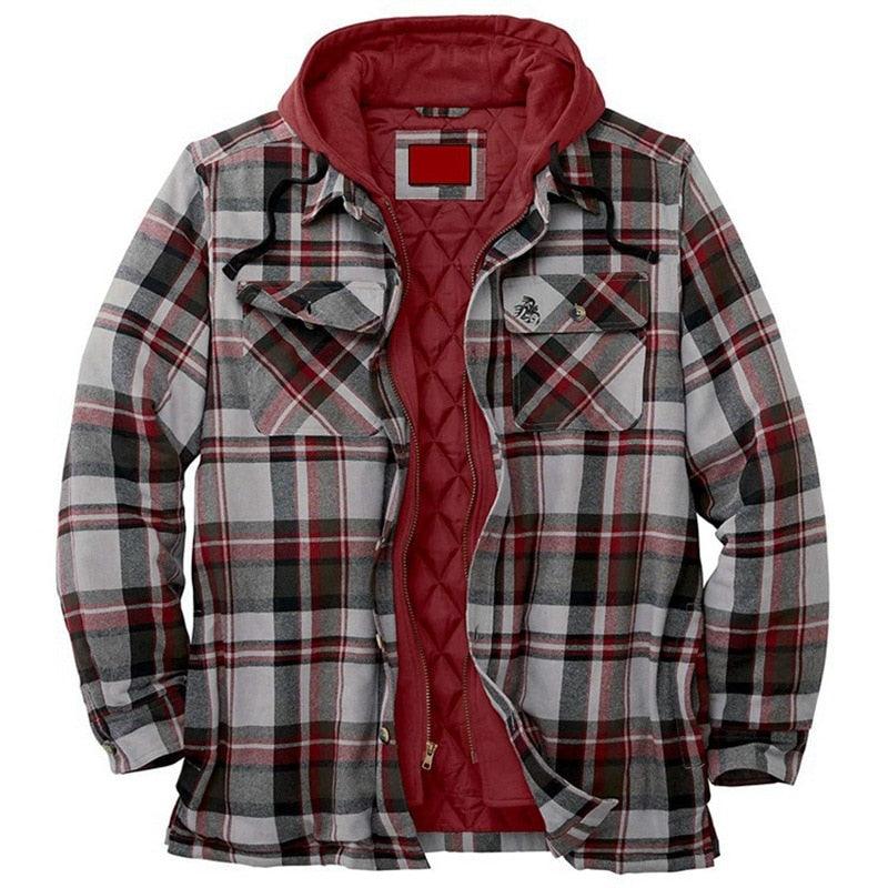Stevvex plaid hooded shirt jacket with red quilted lining, men's long sleeve jacket on Tampa Home & Garden Store