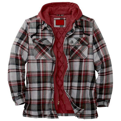 Stevvex plaid hooded shirt jacket with red quilted lining, men's long sleeve jacket on Tampa Home & Garden Store